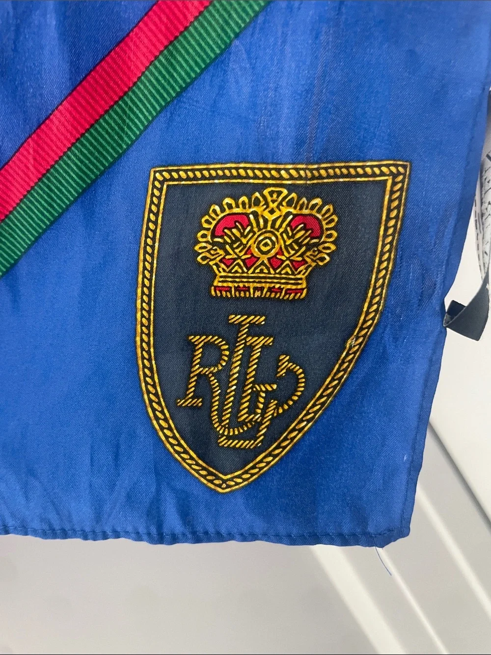 Ralph Lauren Blue Silk Scarf with Red and Green Diagonal Stripes Unisex fasho